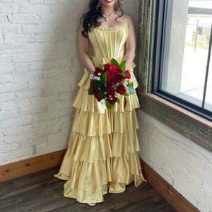 Sherri Hill Yellow Strapless Tiered Prom Dress